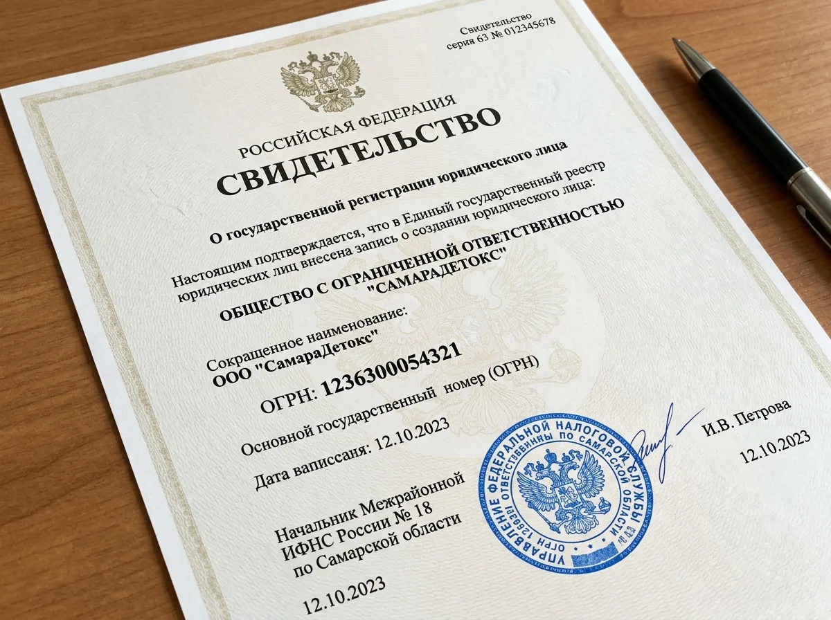 Свидетельство о государственной регистрации юридического лица ООО СамараДетокс, документ ОГРН, синяя гербовая печать
